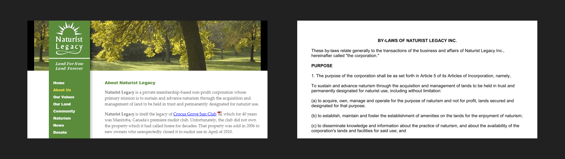 About Us web page ... 2011, Naturist Legacy By-laws ... 2010
