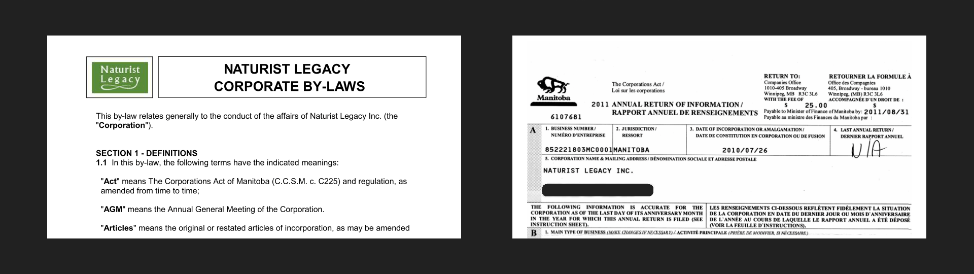Naturist Legacy 2014 By-laws, 2011 Annual Return