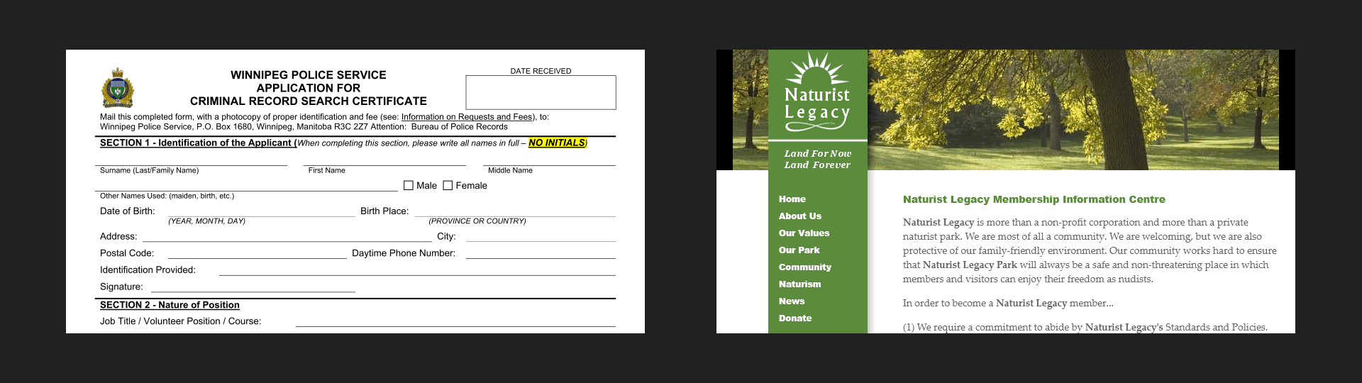Background check application, membership info page ... 2011